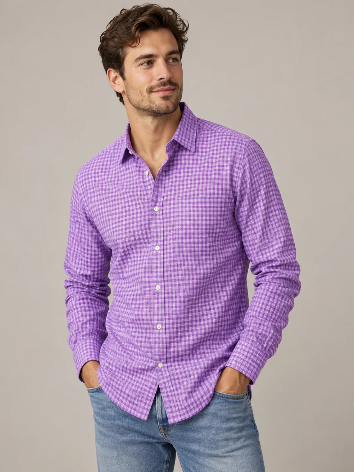 Violet Check Button-Down in Lavender Check